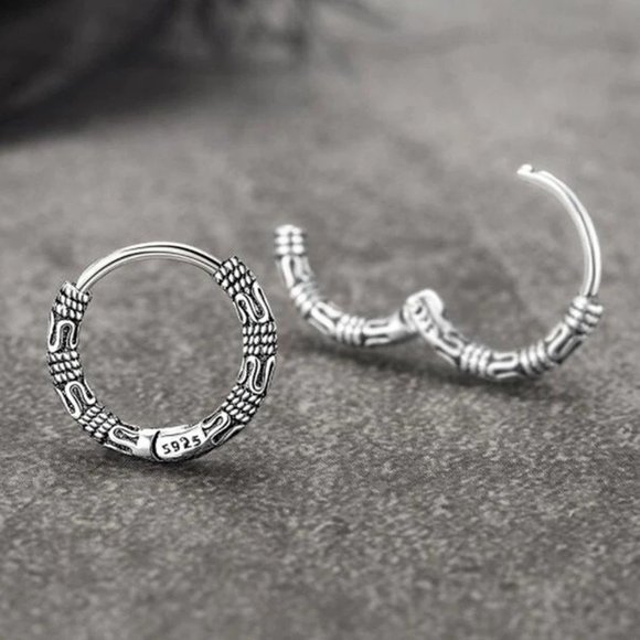 Sterling Hoop Earrings Pattern Earring For Women / Men . S925 Sterling Silver pl - Picture 3 of 5